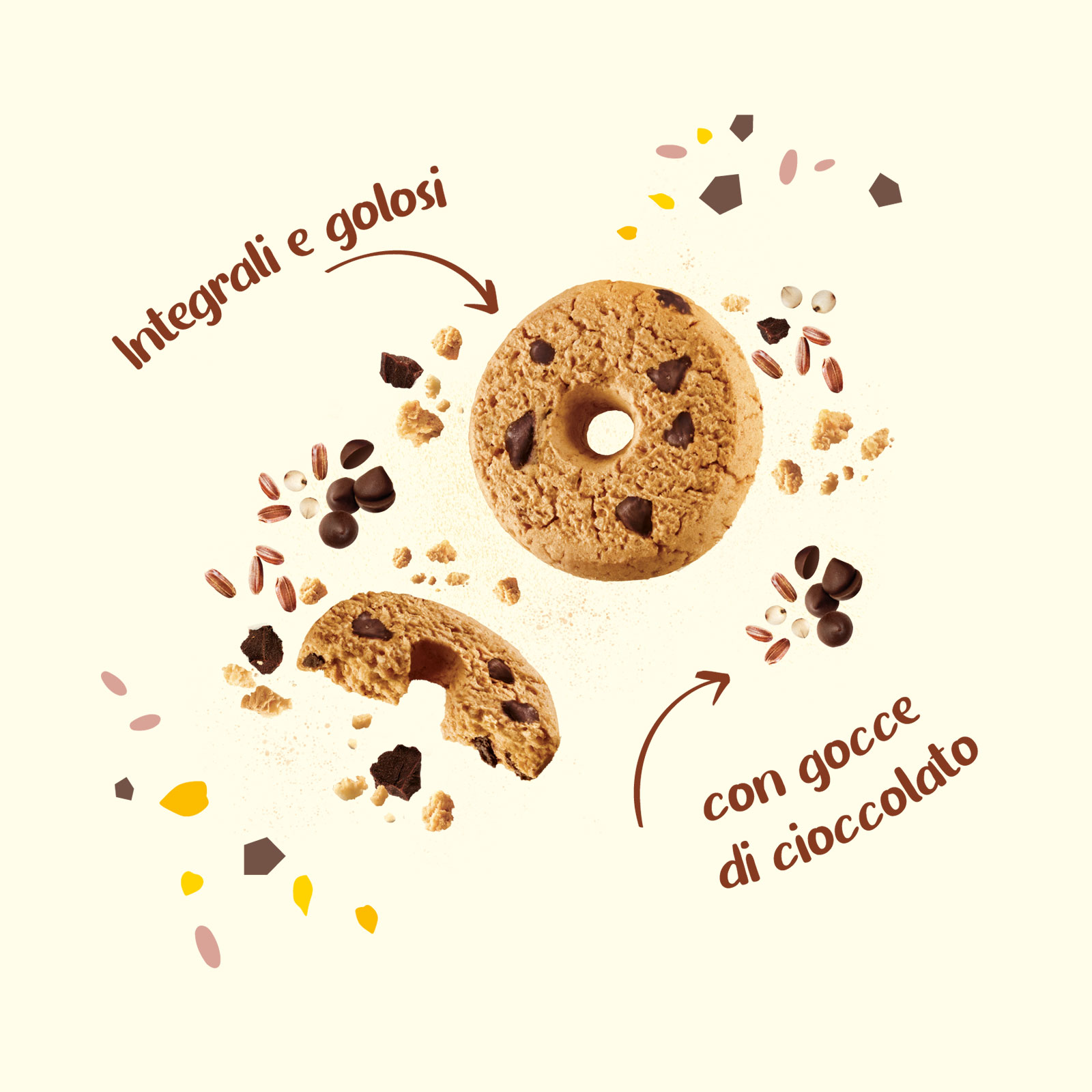 Con riso integrale, sorgo, zucchero di canna e gocce di cioccolato.